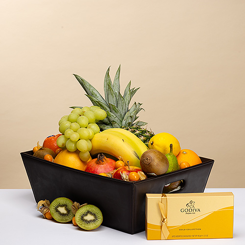 Cesta de frutas de lujo y caja de regalo Godiva Gold