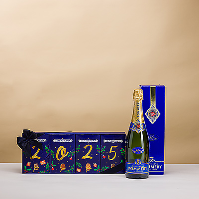 Wünschen Sie ihnen ein glückliches und köstliches neues Jahr mit elegantem Pommery Champagner und einer limitierten Jules Destrooper 2025 Neujahrs Geschenkbox!