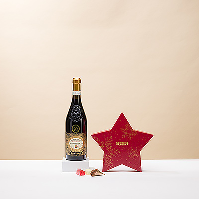 Prächtige belgische Neuhaus-Pralinen und köstlicher italienischer Rotwein bilden die perfekte Kombination in diesem exklusiven Schokoladengeschenk zu Weihnachten.