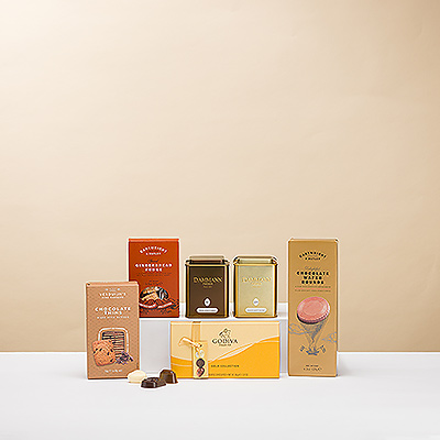 Teeliebhaber werden Ihnen für dieses besondere Luxusgeschenk für Tee und Snacks danken! Diese elegante Kombination aus feinstem Dammann-Tee mit Godiva-Schokolade und köstlichen Keksen und Fudge sorgt für eine unvergessliche Teestunde.