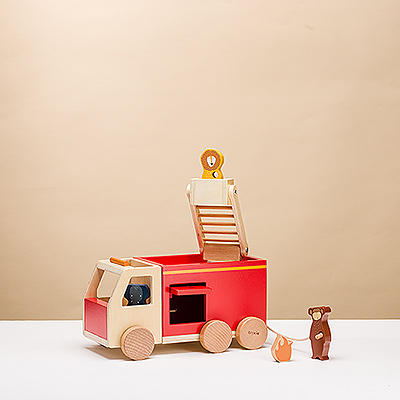 Help is on the way! These brave animal friends are ready to tackle any emergency. Little ones will have hours of fun playing with this trio of firefighting friends. The wooden fire truck has a pull out ladder, a pull out hose, and opening doors.