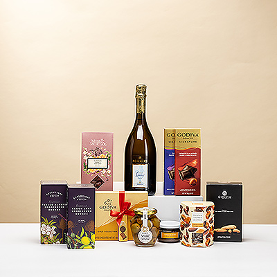 Presenting a spectacular gourmet Champagne gift: prestigious Pommery Cuvée Louise Champagne paired with a carefully curated collection of the finest savory snacks, Godiva chocolates, and delicious sweets. This outstanding gift is perfect for festive occasions and grand celebrations.