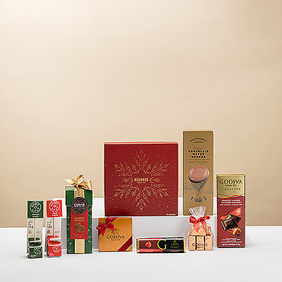 Spoil your favorite chocolate lover with this special Christmas edition of our bestselling Chocoholic Deluxe! The generous collection of Christmas chocolates by premium brands such as Neuhaus, Godiva, and Corné Port-Royal offers plenty for a family or office to share.