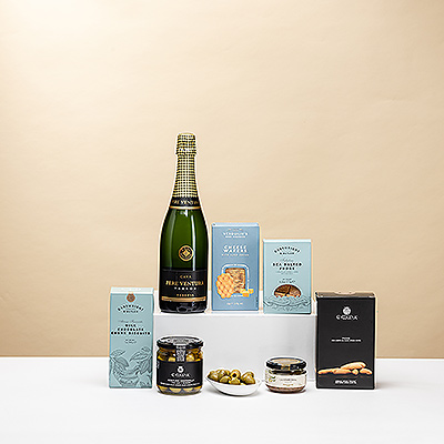 Disfrute de la animada combinación de cava espumoso con una selección de deliciosos aperitivos dulces y salados. Es un regalo festivo para cumpleaños, aniversarios, regalos de empresa y ocasiones especiales.