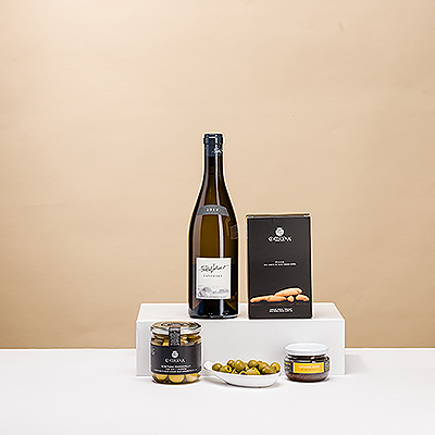 Treat someone to this classic, elegant gift of a delicious French white wine with gourmet snacks.