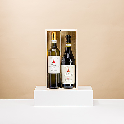 Ce cadeau classique de vin italien est un choix idéal pour toutes les occasions. Une bouteille de vin rouge robuste et une bouteille de vin blanc frais et fruité sont présentées dans un magnifique coffret en bois.