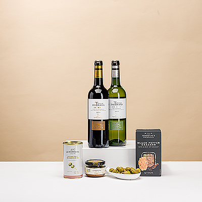 Presenting our bestselling Hospitality Tray featuring a pair of red and white French wines with gourmet European foods. It's the perfect gourmet wine gift to send to someone special in Europe as a token of your appreciation or gratitude.