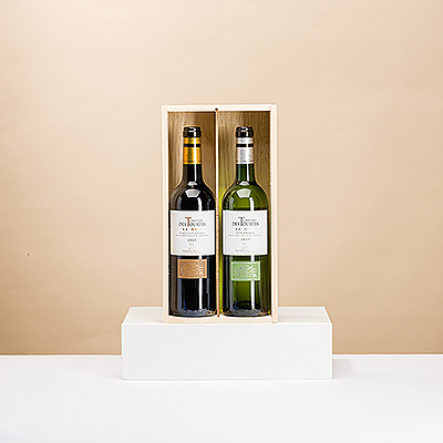 The French winery Chateau Des Tourtes is a family owned business in Bordeaux. This French wine duo includes a fresh, lively white wine and a rich, dry red wine. Presented in a handsome wooden crate, this stylish wine gift is ideal for any occasion.