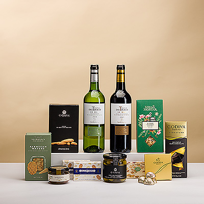 Sie suchen ein süßes und herzhaftes Gourmet-Geschenk mit Wein, das Sie garantiert begeistern wird? Diese neue Ausgabe unseres Bestsellers Hospitality Tray Deluxe ist die perfekte Wahl.