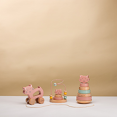 Let playtime begin! This trio of classic wooden toys gets a fun update with a cute kitty cat design. The stacking rings, pull-along toy, and bead maze guarantee hours of fun for little ones, while also developing fine motor skills.