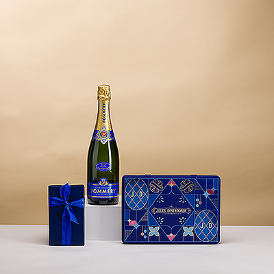 Surprise someone with an elegant gift for any festive occasion: the indulgence of Pommery Champagne paired with scrumptious Leonidas white chocolate Manons and a keepsake gift tin of Jules Destrooper's finest biscuits.