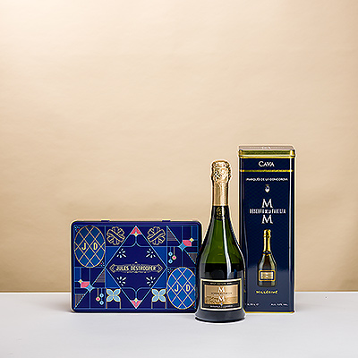 Treat someone special to the delicious pairing of Cava sparkling wine and scrumptious Jules Destrooper biscuits in an exclusive gift tin.