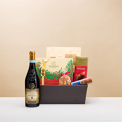 Everyone will enjoy this luscious gift featuring Godiva Christmas chocolate paired with delicious Dezzani 'Appassimento' Rosso red wine.